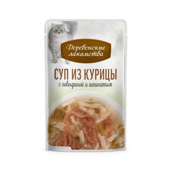 Деревенские лакомства суп для взрослых кошек из курицы с говядиной и шпинатом, в паучах...