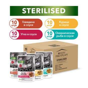 Purina Pro Plan Sterilised набор паучей для взрослых стерилизованных кошек с говядиной, курицей, уткой,...