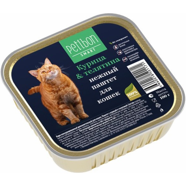 Petibon Smart влажный корм для взрослых кошек, паштет с курицей и телятиной, в ламистерах - 100 г х 24 шт