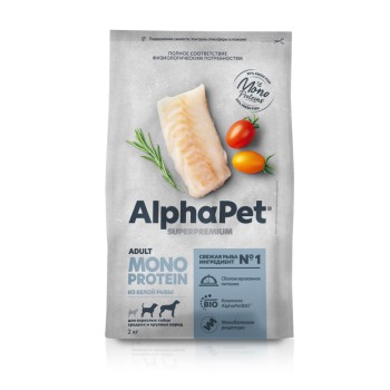 AlphaPet Superpremium Monoprotein сухой корм для взрослых собак средних и крупных пород с белой...