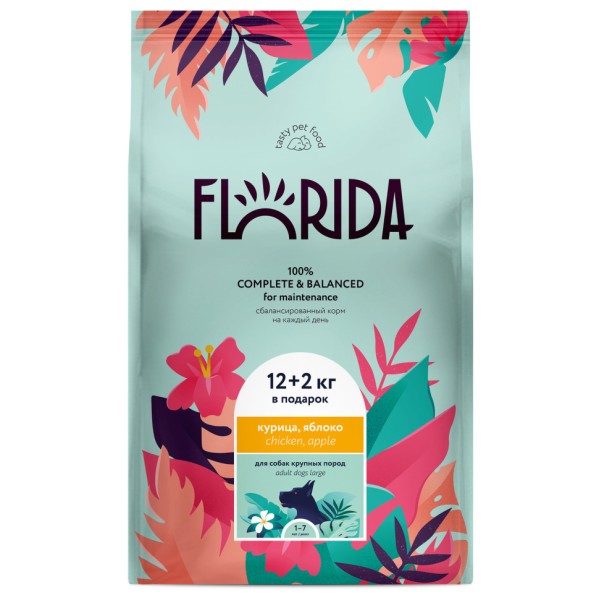 Florida сухой корм для взрослых собак крупных пород с курицей и яблоком - 12+2 кг