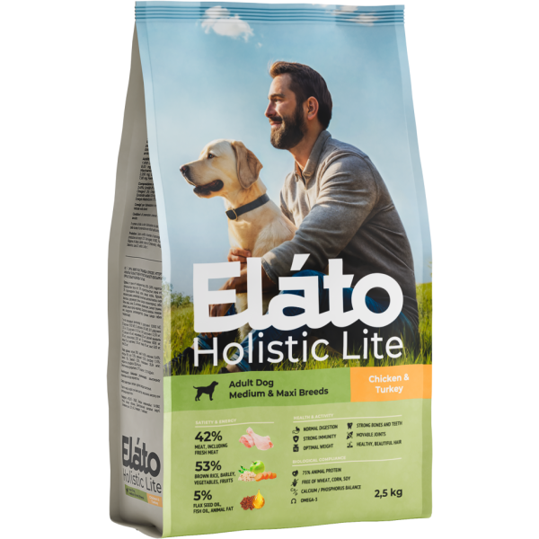 Elato Holistic Lite сухой корм для взрослых собак средних и крупных пород, с курицей и индейкой - 2,5 кг