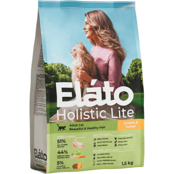 Elato Holistic Lite сухой корм для взрослых кошек для красивой и здоровой шерсти, с курицей и индейкой - 1,5 кг