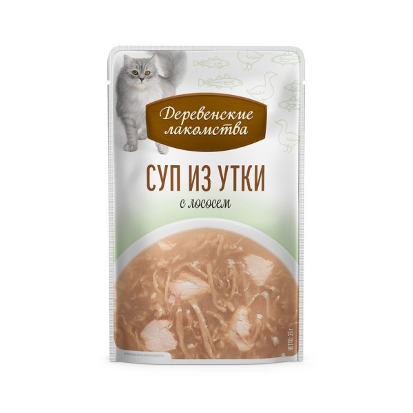 Деревенские лакомства суп для взрослых кошек из утки с лососем, в паучах - 35 г х 4 шт