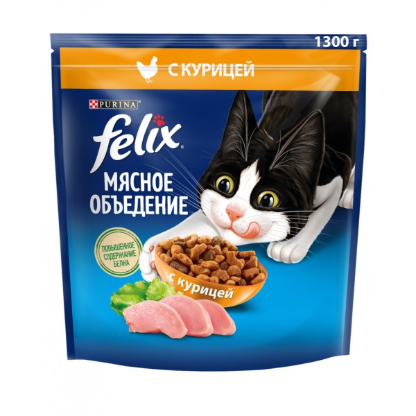 Сухой корм Felix Мясное объедение для взрослых кошек с курицей - 1,3 кг
