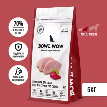 BOWL WOW сухой корм для взрослых собак средних пород с индейкой, курицей, рисом и...