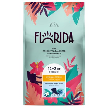 Florida сухой корм для щенков средних пород с курицей и яблоком 12+2 кг