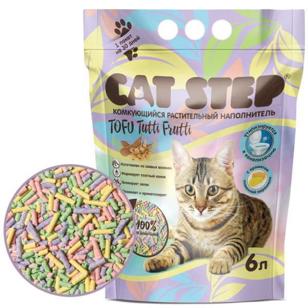 Cat Step Tofu Tutti Frutti наполнитель комкующийся растительный с ароматом лимонной карамели - 6 л (2.7 кг)