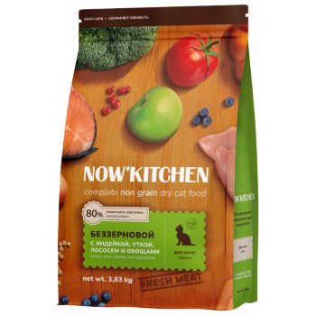 NOW' Kitchen сухой беззерновой корм для котят, со свежей индейкой, уткой, лососем и овощами...