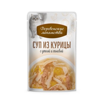 Деревенские лакомства суп для взрослых кошек из курицы с уткой и тыквой, в паучах...