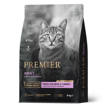 Premier Cat Adult Salmon&Turkey сухой корм для взрослых кошек со свежим филе лосося и...