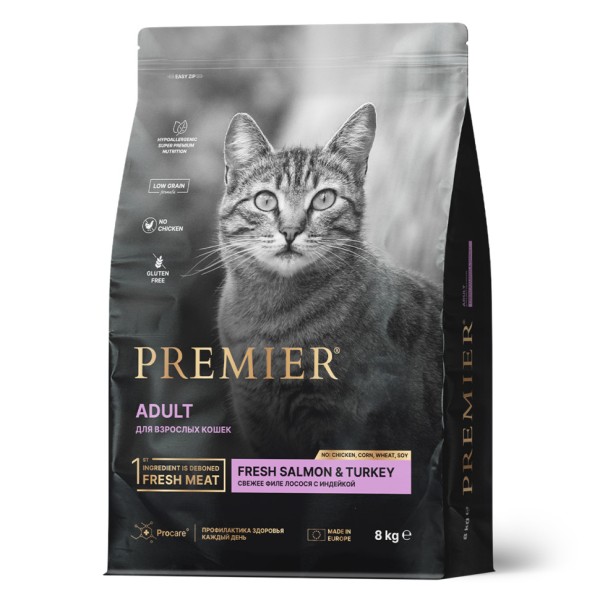 Premier Cat Adult Salmon&Turkey сухой корм для взрослых кошек со свежим филе лосося и индейкой - 8 кг
