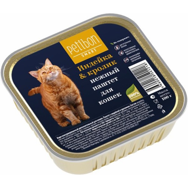 Petibon Smart влажный корм для взрослых кошек, паштет с индейкой и кроликом, в ламистерах - 100 г х 24 шт