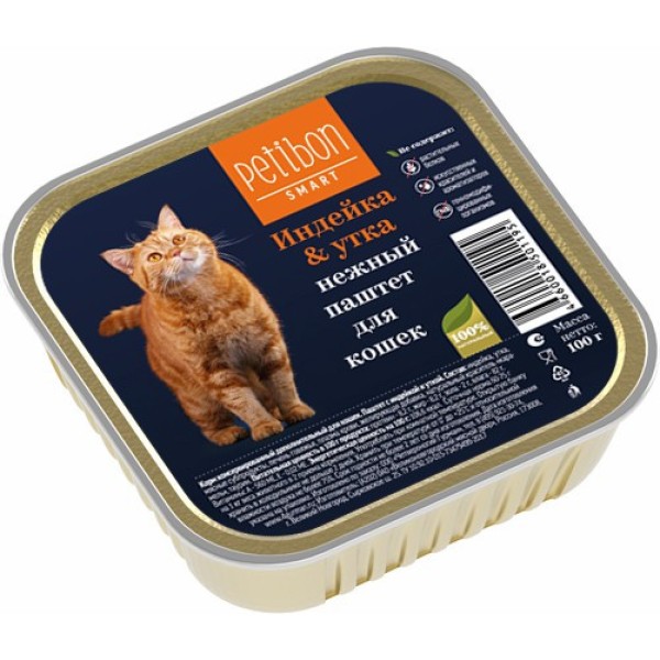 Petibon Smart влажный корм для взрослых кошек, паштет с индейкой и уткой, в ламистерах - 100 г х 24 шт