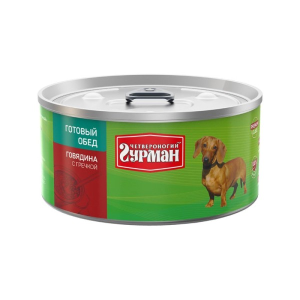 Четвероногий Гурман Готовый обед консервированный корм с говядиной и гречкой для собак - 325 г (12 шт)