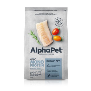 AlphaPet Superpremium Monoprotein сухой корм для взрослых собак мелких пород с белой рыбой -...