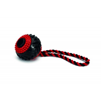 Игрушка для собак черно-красная, TPR Beeztees Мячик шипованный на веревке 9 см