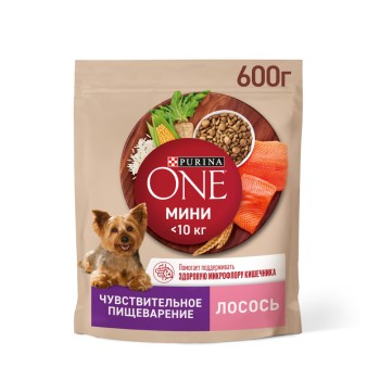 Purina ONE Мини сухой корм для собак мелких пород при чувствительном пищеварении с лососем...