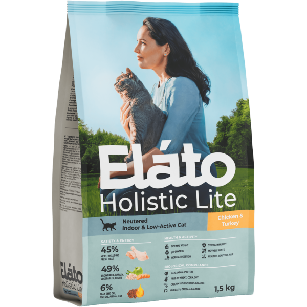 Elato Holistic Lite сухой корм для стерилизованных и домашних малоактивных кошек, с курицей и индейкой - 1,5 кг