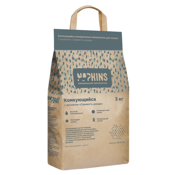 NAPKINS минеральный комкующийся наполнитель для кошачьего туалета, с ароматом После дождя - 5 л (3 кг)