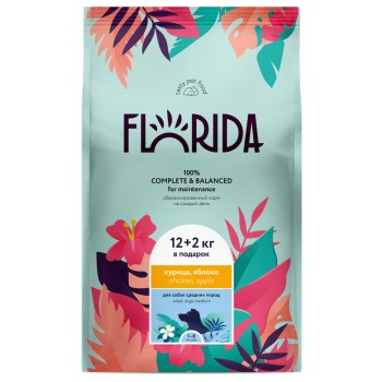 Florida сухой корм для взрослых собак средних пород с курицей и яблоком 12+2 кг