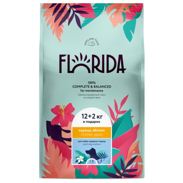 Florida сухой корм для взрослых собак средних пород с курицей и яблоком 12+2 кг