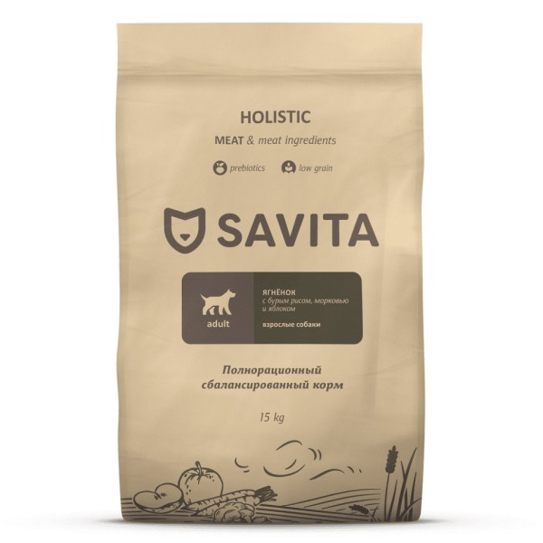 Savita Adult сухой корм для взрослых собак всех пород, с ягненком и бурым рисом - 15 кг