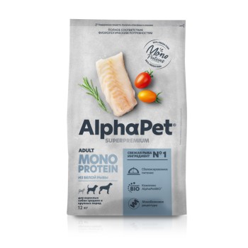 AlphaPet Superpremium Monoprotein сухой корм для взрослых собак средних и крупных пород с белой...