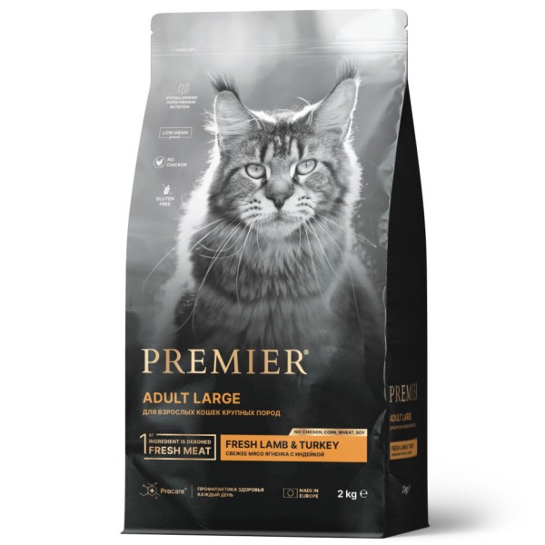 Premier Cat Adult Large Lamb&Turkey сухой корм для взрослых кошек крупных пород со свежим мясом ягненка и индейкой - 2 кг