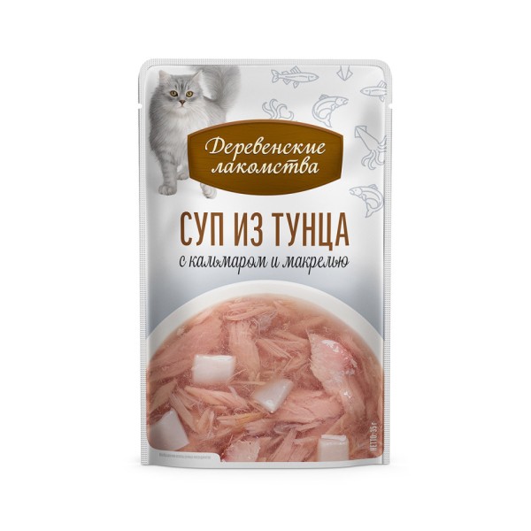Деревенские лакомства суп для взрослых кошек из тунца с кальмаром и макрелью, в паучах - 35 г х 4 шт
