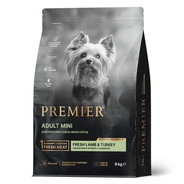 Premier Dog Adult Mini Lamb&Turkey сухой корм для взрослых собак мелких пород со свежим мясом ягненка и индейкой - 8 кг
