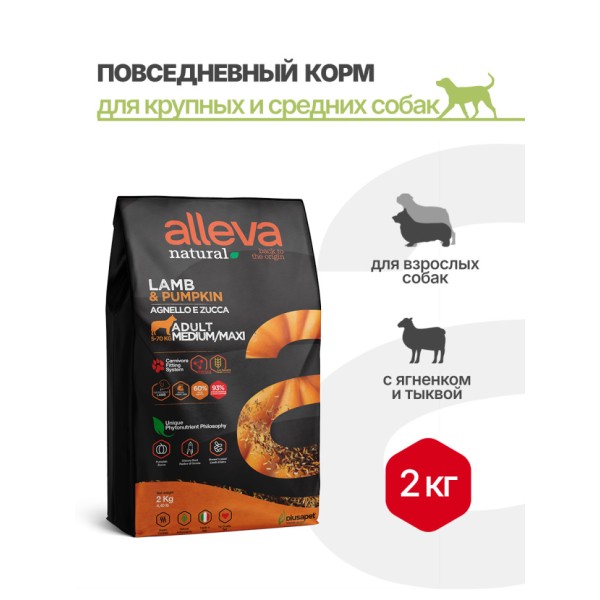 Alleva Natural Adult Lamb & Pumpkin Medium/Maxi сухой корм для взрослых собак с ягненком и тыквой - 2 кг