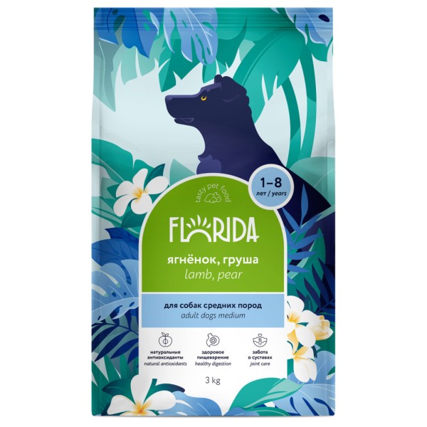 Florida сухой корм для взрослых собак средних пород с ягненком и грушей - 3 кг