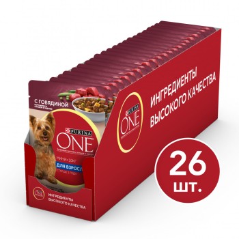 Purina ONE Мини паучи для собак мелких пород с говядиной, картофелем и горохом -...