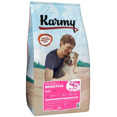 Сухой корм для собак мелких пород с чувствительным пищеварением с лососем Karmy Sensitive Mini 15 кг