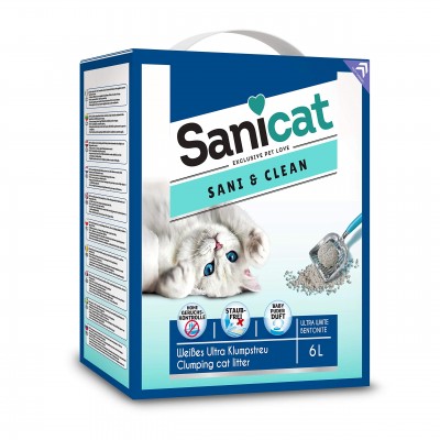 Комкующийся белый наполнитель с ароматом детской присыпки Sani Cat Sani & Clean 6 л