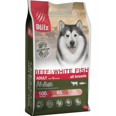 Корм для собак беззерновой с говядиной и белой рыбой Blitz Beef & White Fish 1,5 кг