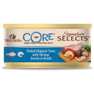 Консервы из тунца с креветками в виде кусочков в бульоне для кошек Wellness Core SIGNATURE SELECTS 79 г