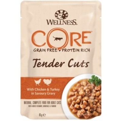 Паучи из курицы с индейкой в виде нарезки в соусе для кошек Wellness Core TENDER CUTS 85 г