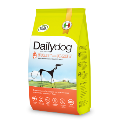 Корм для взрослых собак средних и крупных пород с индейкой и ячменем Dailydog ADULT MEDIUM&LARGE BREED Turkey and Barley 12 кг