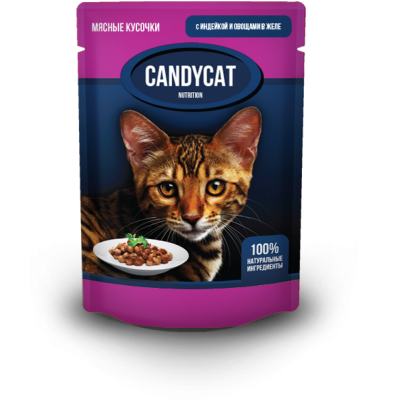 Паучи для кошек кусочки "Индейка и овощи" в желе Gina CandyCat Turkey & Jelly 85 г