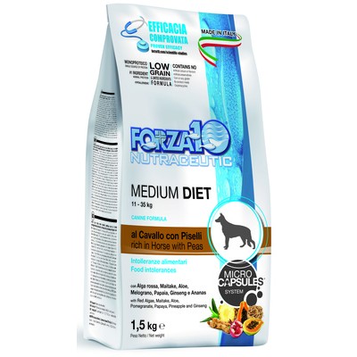Сухой корм для взрослых собак средних пород, с кониной, горохом и рисом Forza10 Medium Diet Low Grain Cav pis 26,3/14 1,5 кг