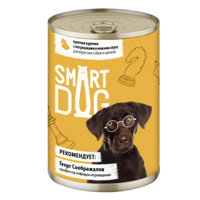Консервы для взрослых собак и щенков кусочки курочки с потрошками в нежном соусе Smart Dog Влажный корм 850 г