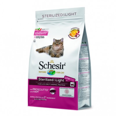Облегченный сухой корм для взрослых стерилизованных кошек и кастрированных котов (с ветчиной) Schesir Sterilized And Light 10 кг