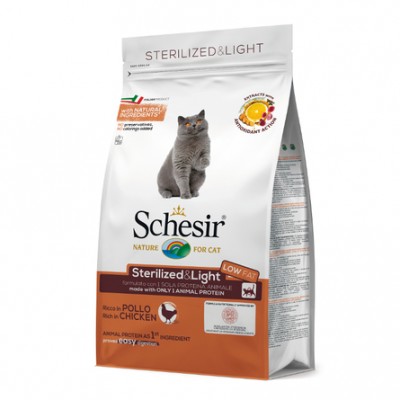 Облегченный сухой корм для взрослых стерилизованных кошек и кастрированных котов (с курицей) Schesir Sterilized And Light 400 гр
