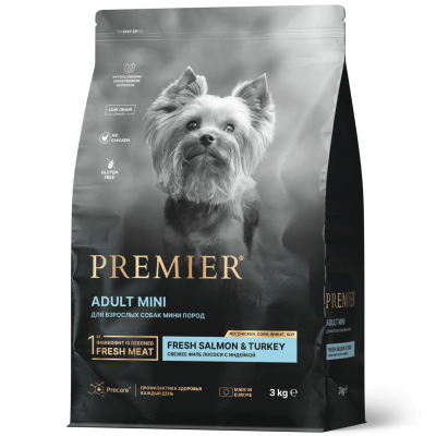 Корм для взрослых собак мелких пород с нормальной активностью, чувствительной кожей и шерстью или склонных к аллергии Premier Dog Salmon&Turkey ADULT Mini 1 кг