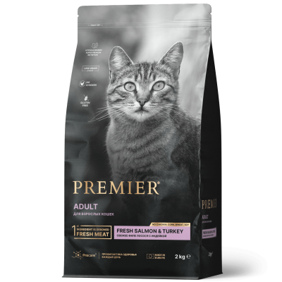 Корм для взрослых кошек с нормальной активностью, чувствительным пищеварением или склонных к аллергии Premier Cat Salmon&Turkey ADULT 400 г