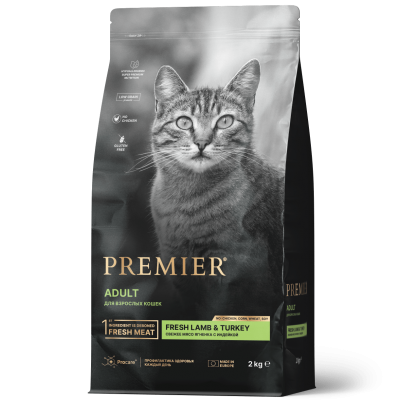 Корм для взрослых кошек с нормальной активностью, чувствительным пищеварением или склонных к аллергии Premier Cat Lamb&Turkey ADULT 2 кг