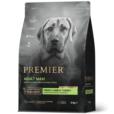 Корм для взрослых собак крупных пород с нормальной активностью, чувствительным пищеварением или склонных к аллергии Premier Dog Lamb&Turkey ADULT Max 3 кг