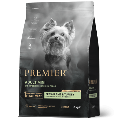 Корм для взрослых собак мелких пород с нормальной активностью, чувствительным пищеварением или склонных к аллергии Premier Dog Lamb&Turkey ADULT Mini 1 кг